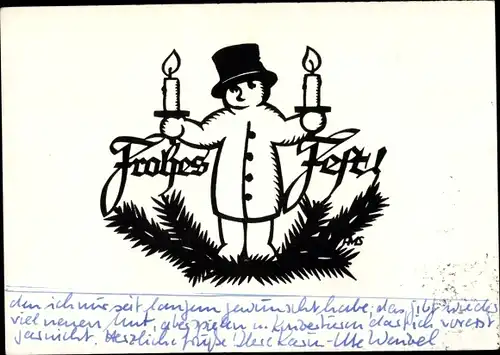 Scherenschnitt Ak Schwindt, A.M., Glückwunsch Weihnachten, Schneemann mit Kerzen