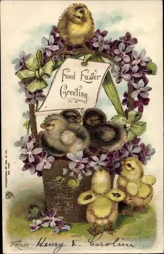Präge Litho Glückwunsch Ostern, Korb mit Veilchen, Küken