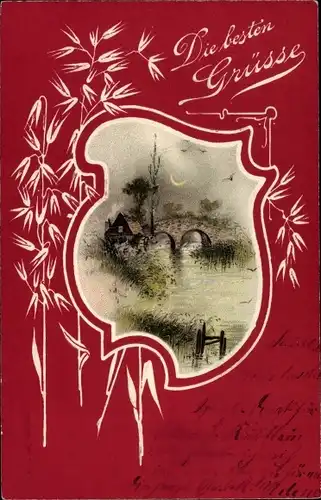 Präge Litho Die besten Grüße, Landschaft im Mondschein, Brücke