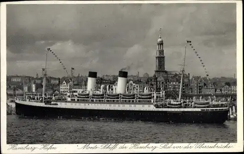 Ak Hamburg Mitte, Monte-Schiff vor der Überseebrücke, HSDG