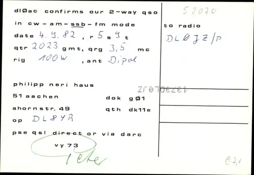 Ak Aachen in Nordrhein Westfalen, QSL Karte, Funkerkarte, DL0AC zu DL0JZ, Philipp Neri Haus