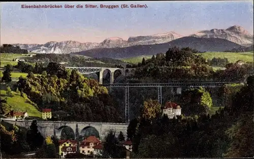 Ak Bruggen Kanton Sankt Gallen Schweiz, Eisenbahnbrücken über die Sitter