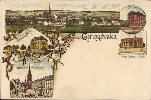 Litho Geringswalde Sachsen, Bahnhof, Gesamtansicht, Turnhalle, Rathaus, Marktplatz