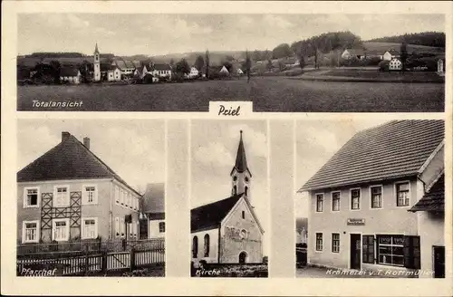 Ak Priel Gammelsdorf in Oberbayern, Totalansicht, Pfarrhof, Kirche, Krämerei