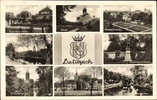 Wappen Ak Delitzsch in Sachsen, Rosarium, Kurpark, Stadtkirche, Heiligbrunnen, Denkmal