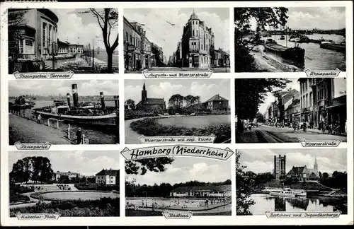 Ak Homberg Duisburg im Ruhrgebiet, Hubertus Platz, Bootshaus und Jugendherberge, Stadtbad, Kirche