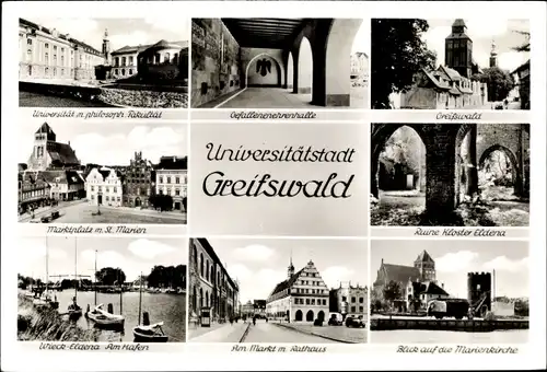 Ak Hansestadt Greifswald, Rathaus, Marienkirche, Ehrenhalle, Ruine Kloster Eldena