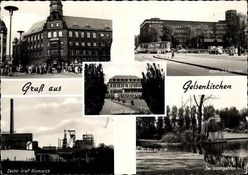 Ak Gelsenkirchen im Ruhrgebiet, Postamt, Hans Sachs Haus, Stadtgarten, Zeche Graf Bismarck, Schloss
