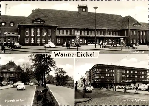 Ak Wanne Eickel Herne im Ruhrgebiet, Hauptbahnhof, Post mit Poststraße, Sparkasse