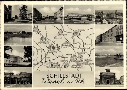 Ak Wesel am Niederrhein, Rathaus, Rheinbrücke, Schule, Berliner Tor, Freibad, Bahnhof, Zitadelle