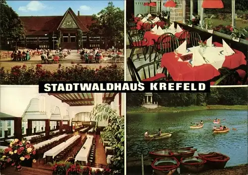 Ak Krefeld am Niederrhein, Stadtwaldhaus, Terrasse, Tafeln im Saal, Ruderpartie