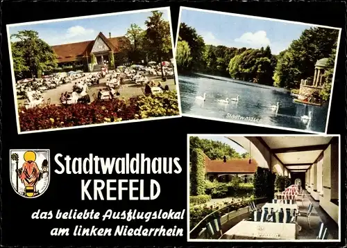 Wappen Ak Krefeld am Niederrhein, Stadtwaldhaus Krefeld, Stadtwaldsee, Schwäne
