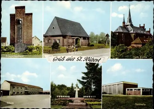 Ak Sankt Hubert Kempen am Niederrhein, Kriegerdenkmal, Kirchen, Schule, Turnhalle, Ehrenfriedhof