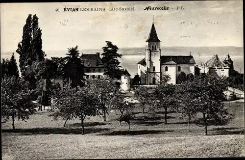 Ak Évian les Bains Haute Savoie, Neuvecelle, Teilansicht mit Kirche