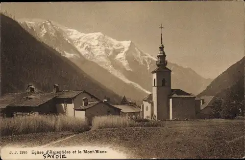 Ak Argentière Haute Savoie, Kirche und Mont Blanc