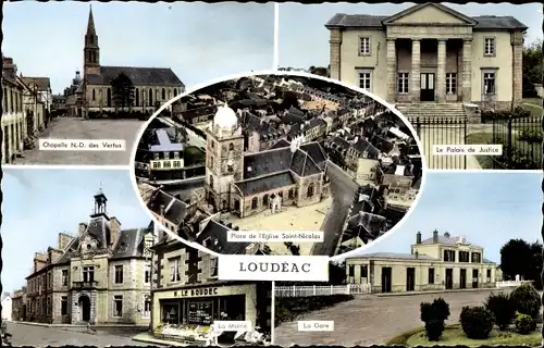 Ak Loudeac Côtes-d’Armor, Palais de Justice, la Gare, Place de l'Eglise Saint Nicolas, Chapelle