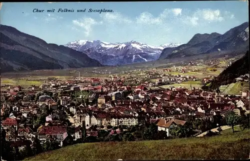Ak Chur Kanton Graubünden, Blick auf den Ort mit Falknis und Scesaplana