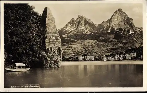 Ak Brunnen Kt Schwyz, Blick auf den Ort, Schillerstein