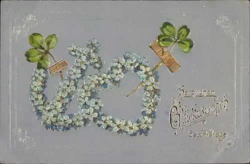 Präge Litho Glückwunsch Geburtstag, Vergissmeinnicht, Kleeblätter, Herz, Anker