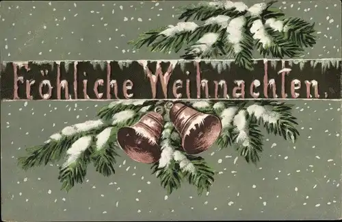 Winter Litho Glückwunsch Weihnachten, Glocken, Tannenzweige