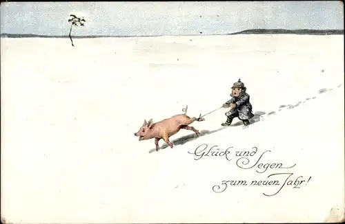 Ak Glückwunsch Neujahr, Soldat hält Schwein am Fuß
