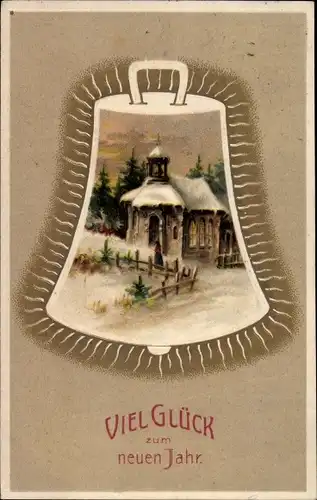 Passepartout Präge Litho Glückwunsch Neujahr, Schneebedeckte Kirche, Glocke