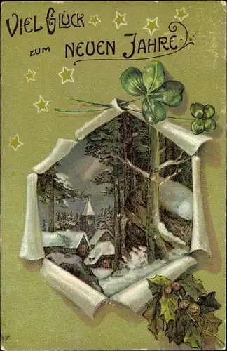 Präge Ak Glückwunsch Neujahr, Blick auf einen Ort, Stechpalme und Glücksklee