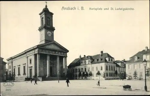 Ak Ansbach in Mittelfranken Bayern, Karlsplatz, St. Ludwigskirche