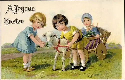 Ak Glückwunsch Ostern, Kinder mit Lamm, Wagen