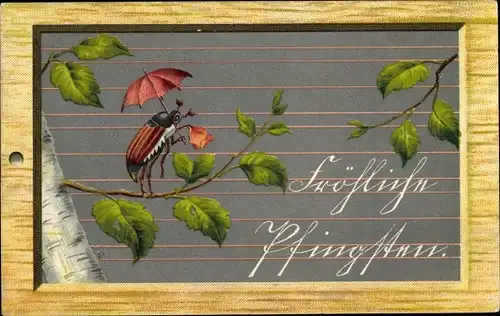 Ak Glückwunsch Pfingsten, Maikäfer auf Birkenzweig