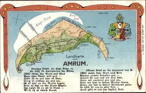 Landkarten Wappen Künstler Ak Insel Amrum in Nordfriesland, Totalansicht, Knip Sun, Nebel