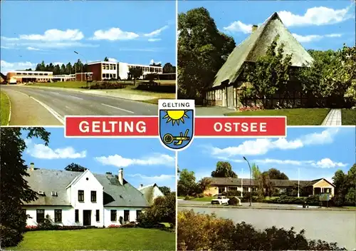 Wappen Ak Gelting Landschaft Angeln in Schleswig Holstein, Reetdachhaus, Schule, Straßenpartie