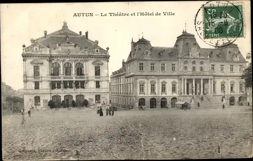 Ak Autun Saône-et-Loire, Le Theatre et l'Hotel de Ville