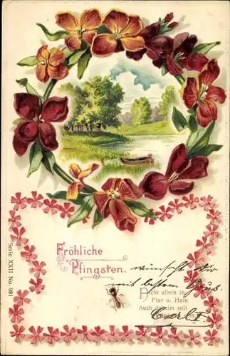 Präge Litho Glückwunsch Pfingsten, Landschaft, Blumen, Fliege
