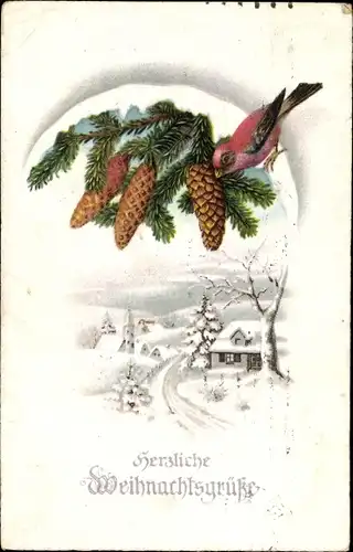 Ak Glückwunsch Weihnachten, Winterlandschaft, Vogel, Zapfen