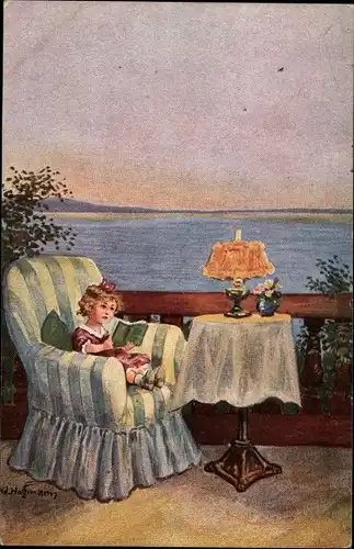 Künstler Ak Hoffmann, Ad., Abendfrieden, Mädchen liest auf einer Terrasse