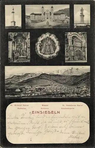 Ak Einsiedeln Kanton Schwyz Schweiz, Hl Meinrad Statue, Kloster, St Benedictus Statue, Hochaltar