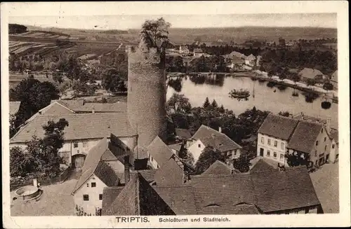Ak Triptis in Thüringen, Schlossturm, Stadtteich, Vogelschau