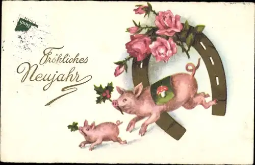 Ak Glückwunsch Neujahr, Schweine, Hufeisen, Rosen