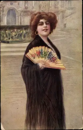 Künstler Ak Standportrait einer Frau mit Fächer