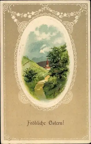 Präge Litho Glückwunsch Ostern, Frühlingslandschaft, Kirche