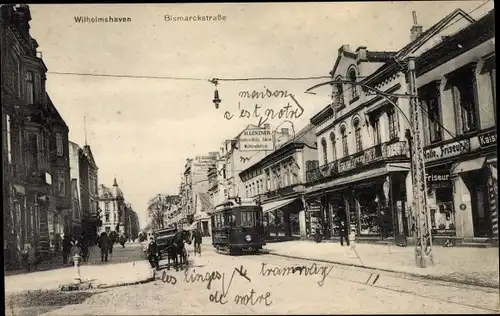 Ak Wilhelmshaven in Niedersachsen, Bismarckstraße, Straßenbahn, Friseur