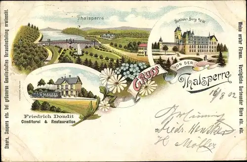 Litho Burg an der Wupper Solingen, Schloss Burg, Talsperre, Konditorei und Restauration