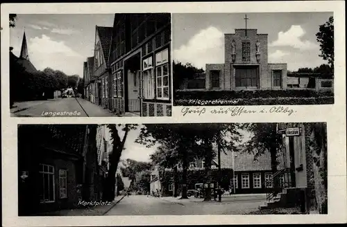 Ak Essen Oldenburg in Niedersachsen, Kriegerehrenmal, Marktplatz, Langestraße, Friseur