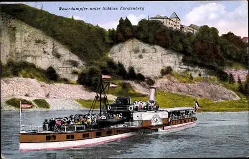 Ak Fürstenberg an der Weser, Schloss Fürstenberg, Weserdampfer