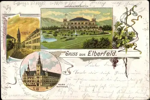 Litho Elberfeld Wuppertal in Nordrhein Westfalen, Zoologischer Garten, Rathaus, Kirche