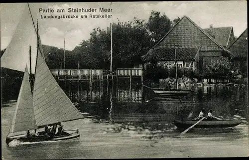 Ak Steinhude Wunstorf in Niedersachsen, Landungsbrücke, Strandrestaurant Ratskeller, Segelboot
