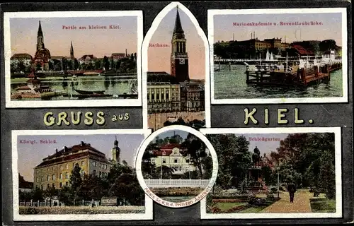 Ak Hansestadt Kiel, Rathaus, Schloss, Palais des Prinzen Adalbert, Schlossgarten, Marineakademie