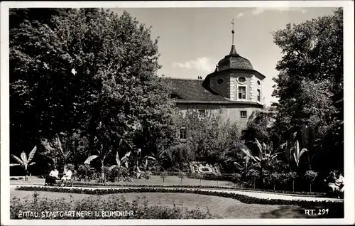 Foto Ak Zittau in Sachsen, Stadtgärtnerei, Blumenuhr