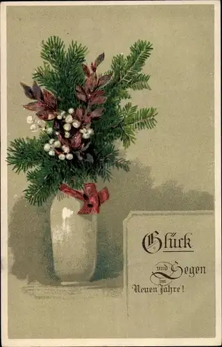 Ak Glückwunsch Neujahr, Tannenzweige in einer Vase